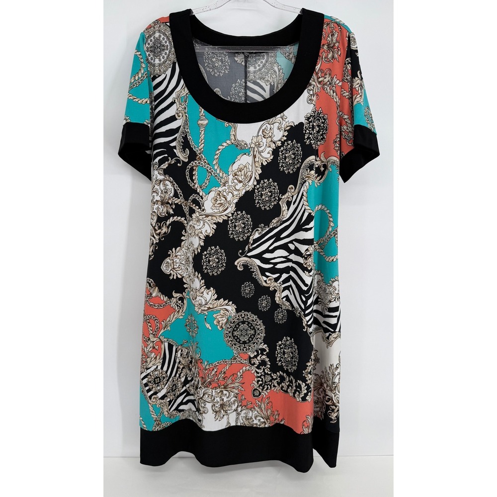 Studio by Tiana B Womens Sz XXL Scarf Print Shift Dress Turquoise Coral Baroque